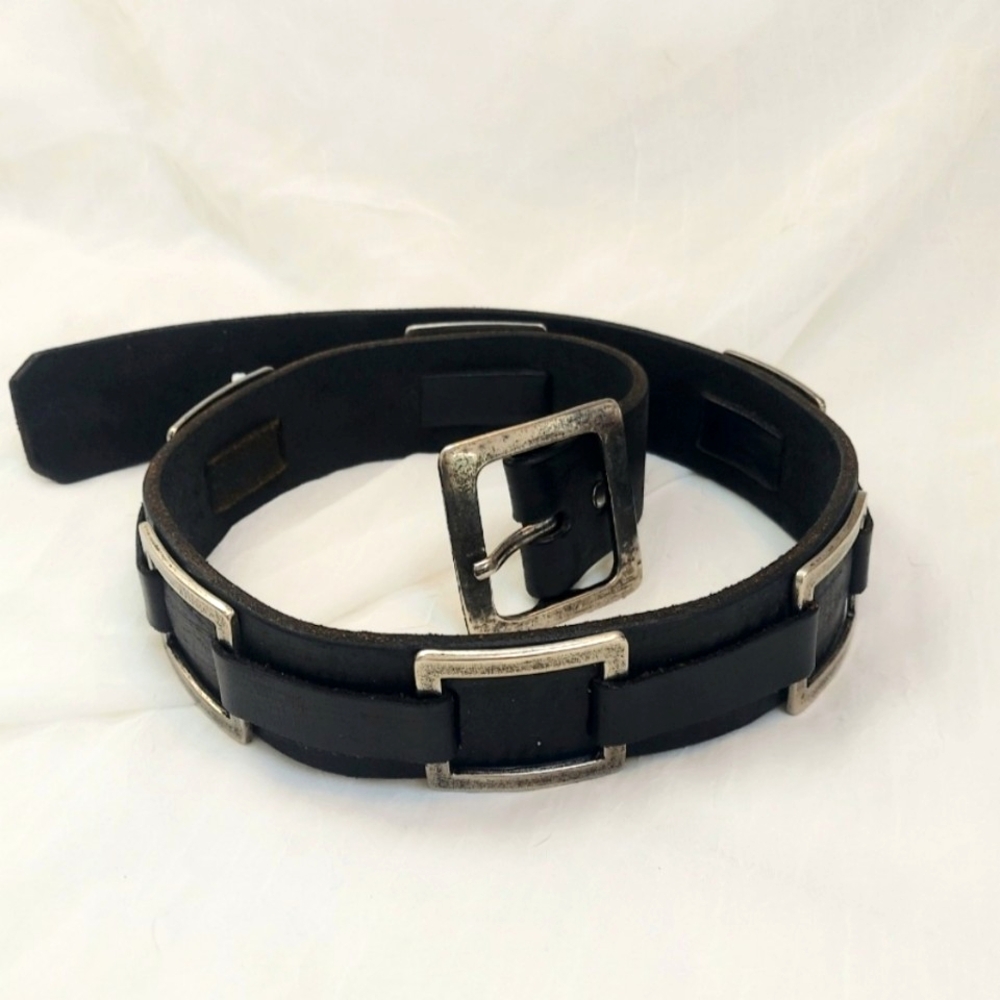 LoFi Black Leather Motorcycle Belt with Silver Buckle Embellishments 35"